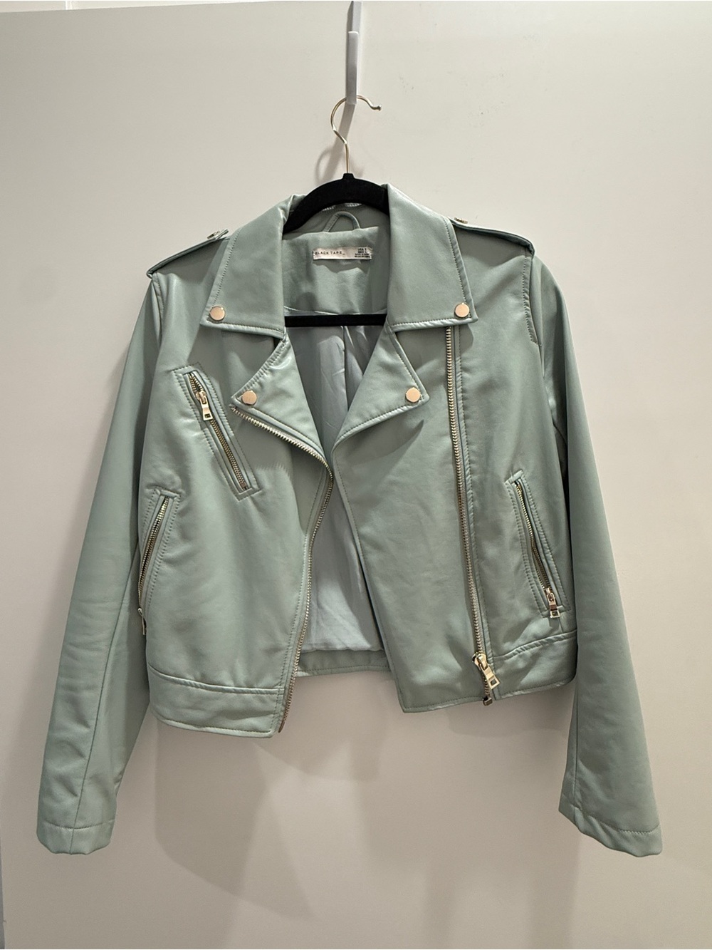 Black Tape_ Mint Green Faux Leather Moto Jacket